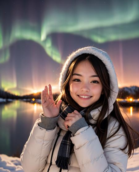 1355115747-HIJKLMix_v50-RAW photo of 1girl, night, nature, outdoor, aurora, hands up, smile, winter.png